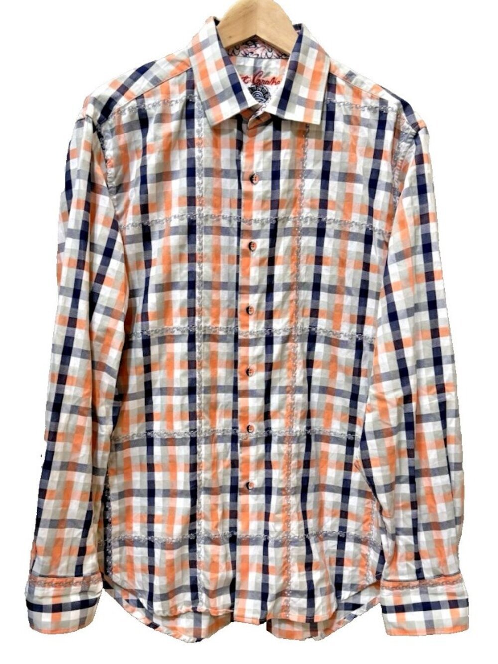 Robert Graham Long-sleeve Salmon Blue Plaid Mens Button Up Shirt Embroidery Sz L